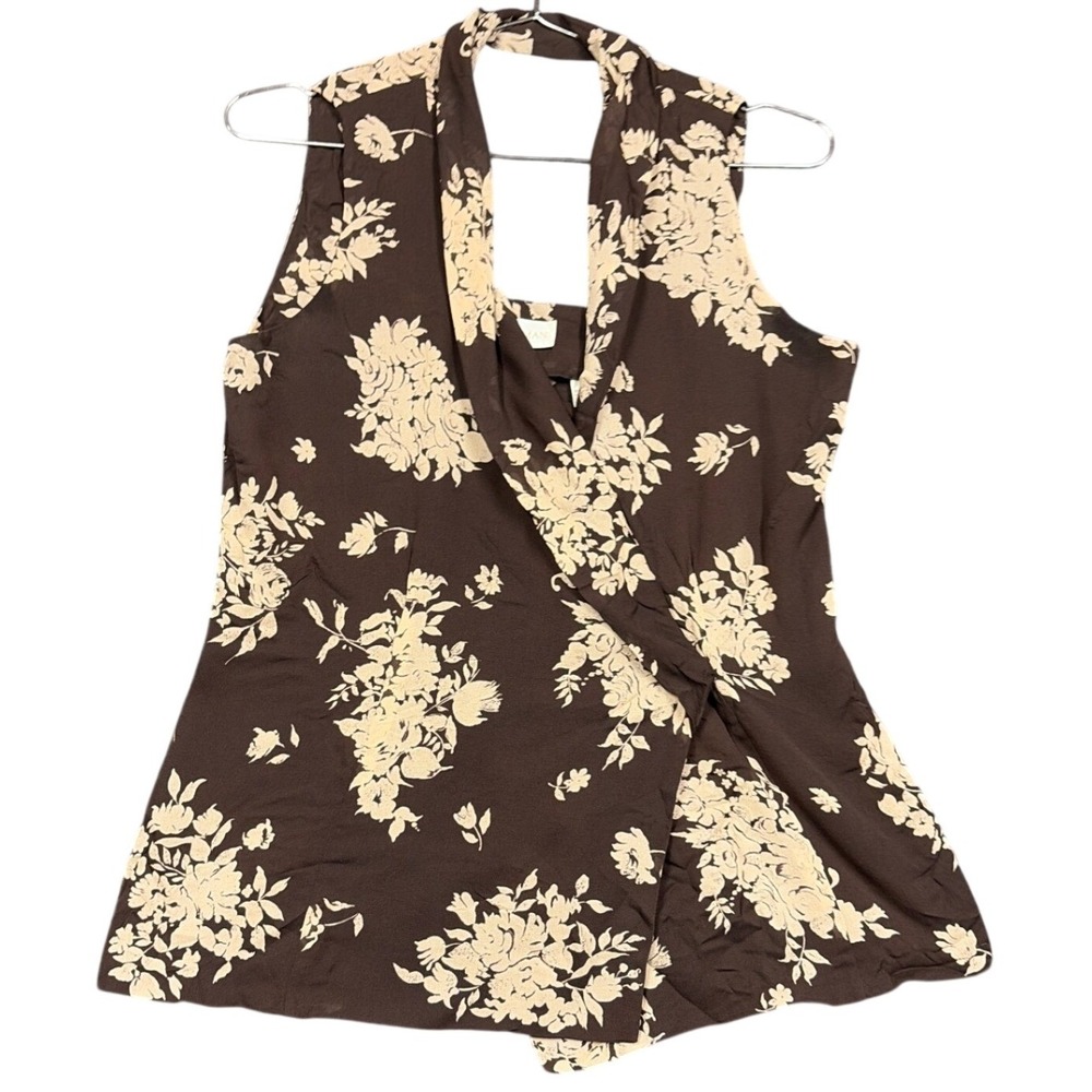 Dana Buchman Silk Blouse Womens 6 Brown Floral Halter Draped Neck Vintage Luxury